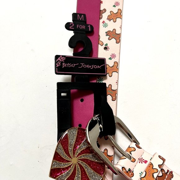 Betsey Johnson 2pc Belt Set Pink Glitter Heart & Gingerbread Print Medium NWT